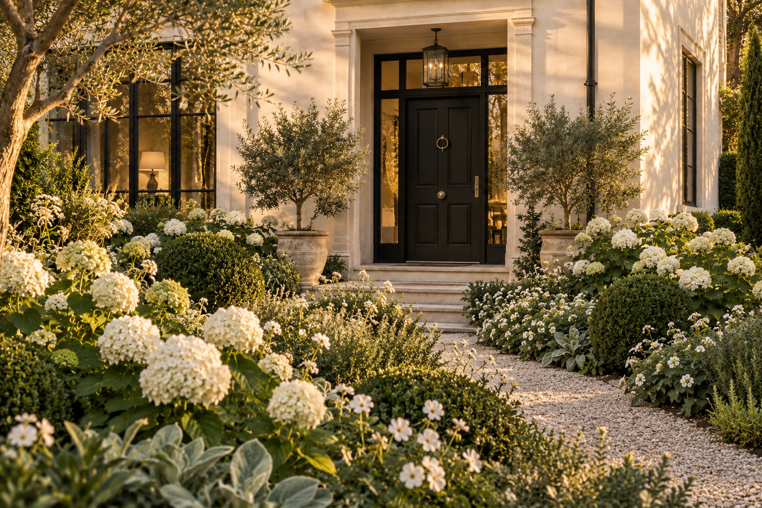 Established white front entrance garden with white hydrangeas, clipped evergreens and silver foliage in warm golden-hour light