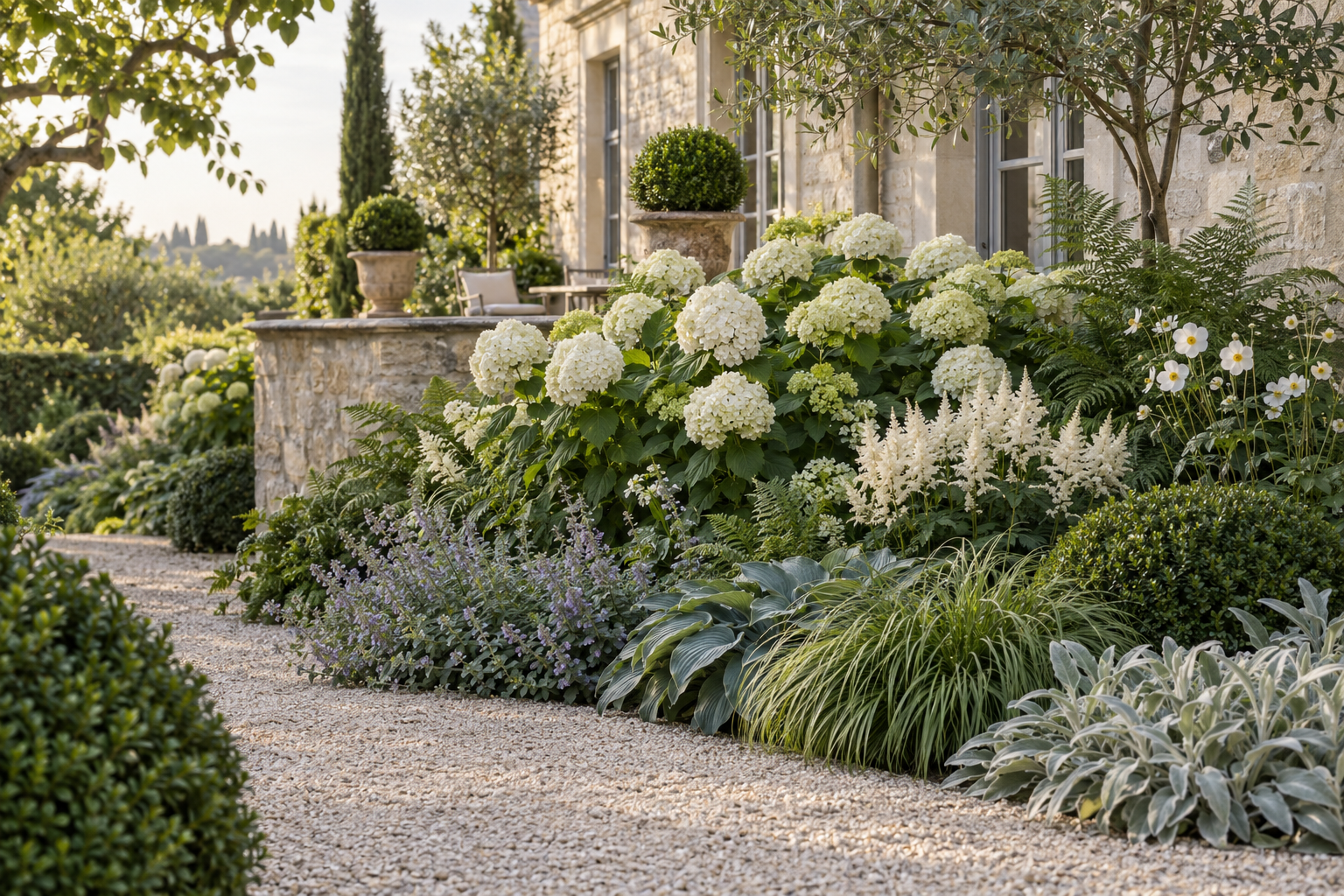 White hydrangeas layered with ferns, astilbe, hostas and clipped evergreens beside a gravel path and limestone terrace.