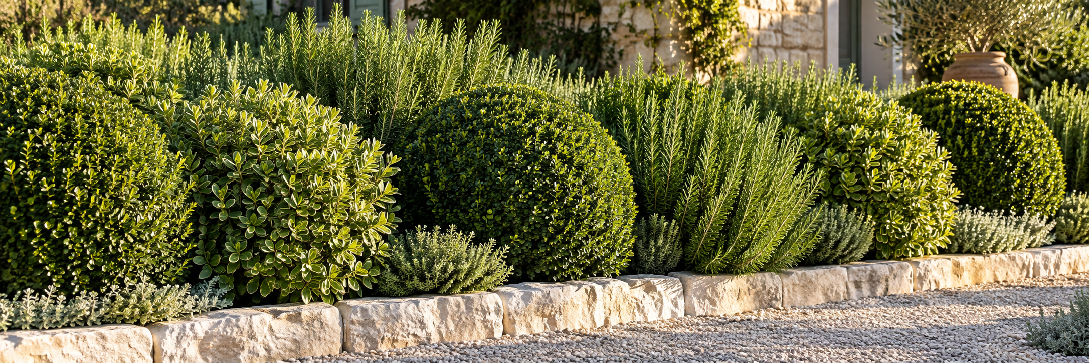 Rosemary and rounded evergreen shrubs forming the middle planting layer