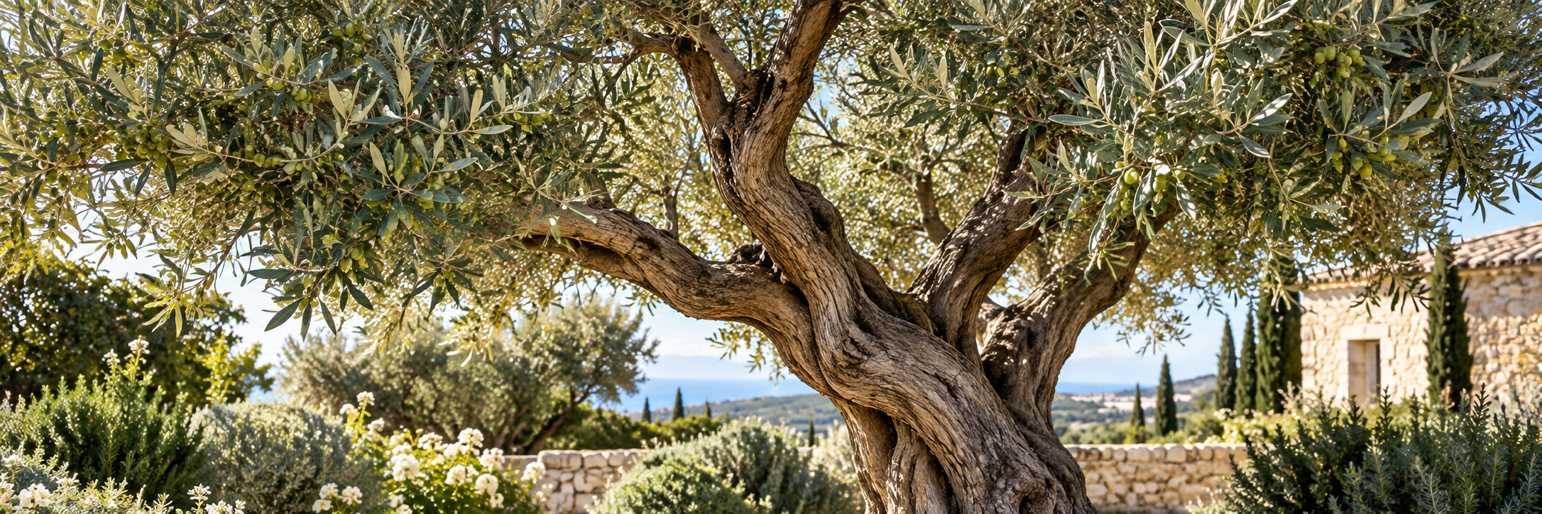 Mature olive tree forming the upper planting layer of a Mediterranean garden