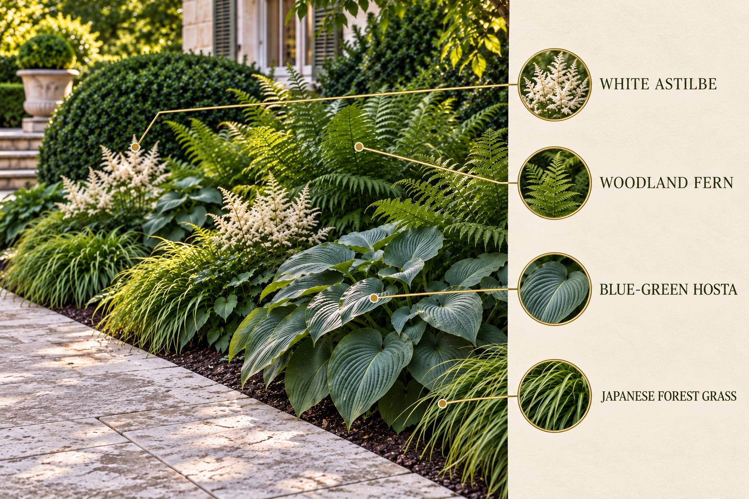 Shade foliage palette identifying white astilbe, woodland fern, blue-green hosta and Japanese forest grass