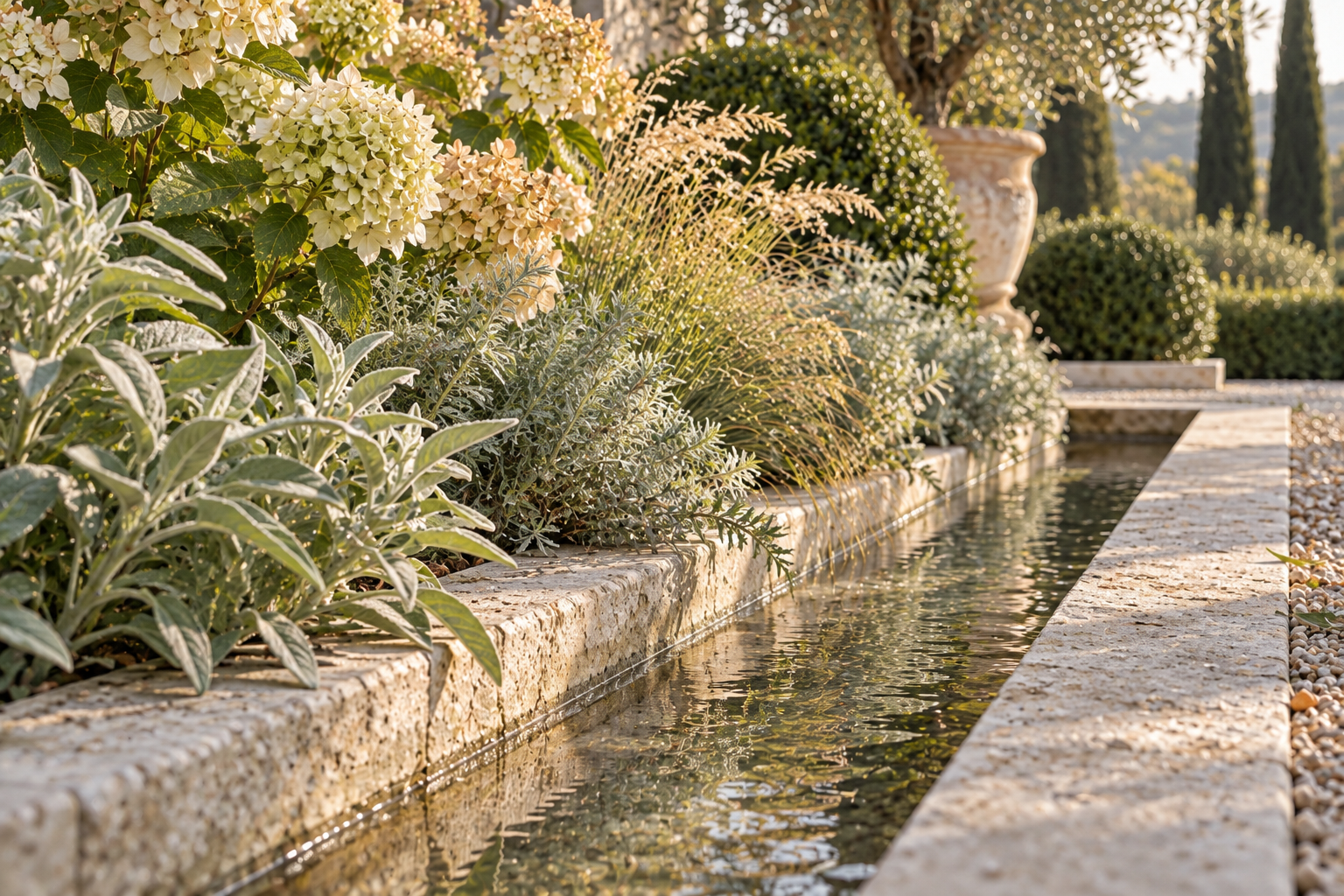 Rainwater settling beside a gravel garden path