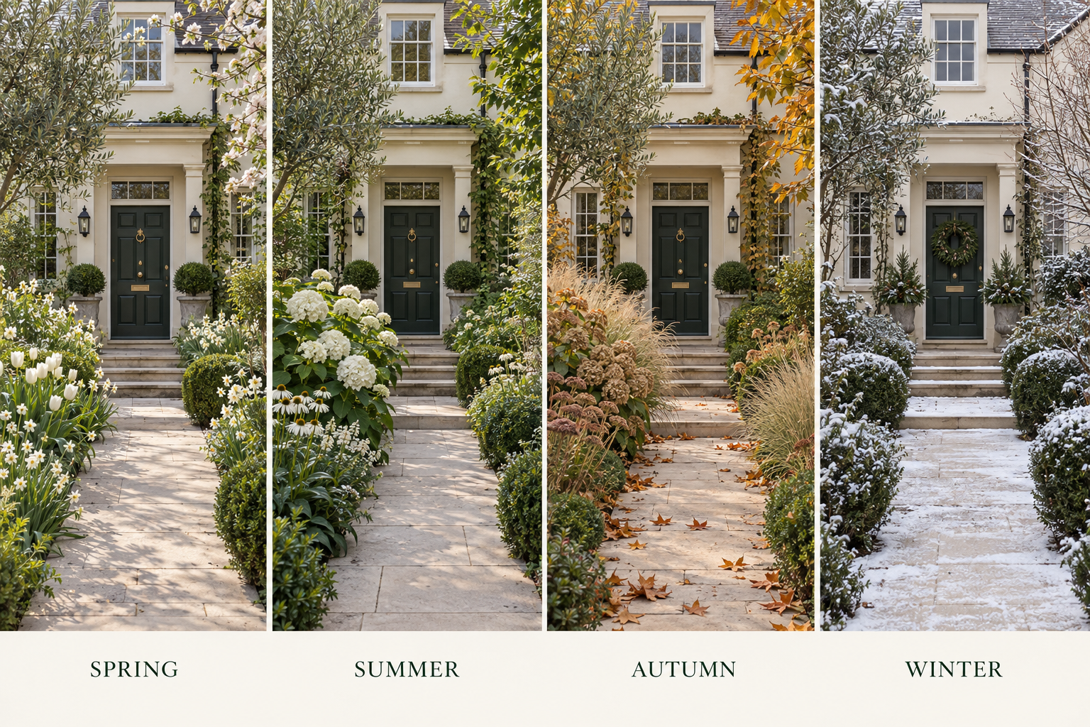 The same elegant front entrance garden in spring, summer, autumn and winter