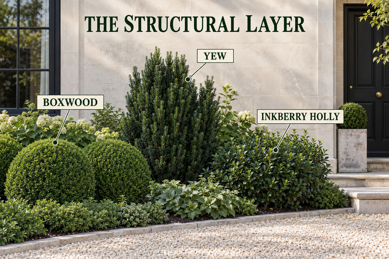 Structural planting layer with boxwood, yew and inkberry holly anchoring a white front entrance garden