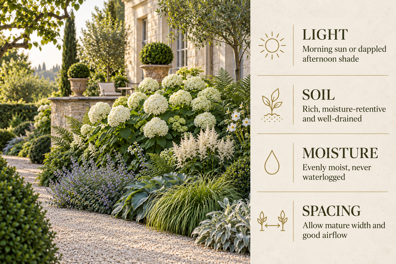 Growing conditions for white hydrangeas: morning sun or dappled shade, rich well-drained soil, even moisture and mature spacing