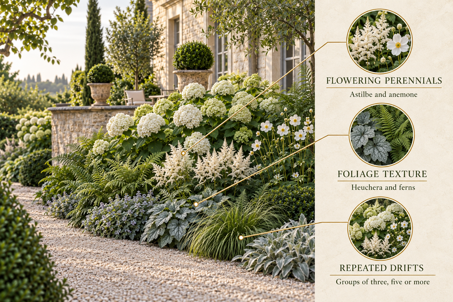 Layer two middle planting showing flowering perennials, foliage texture and repeated drifts