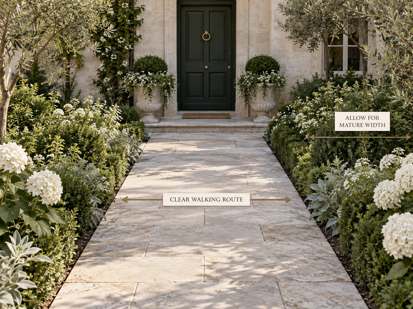 Explanatory image showing a clear walking route and room for mature plant width