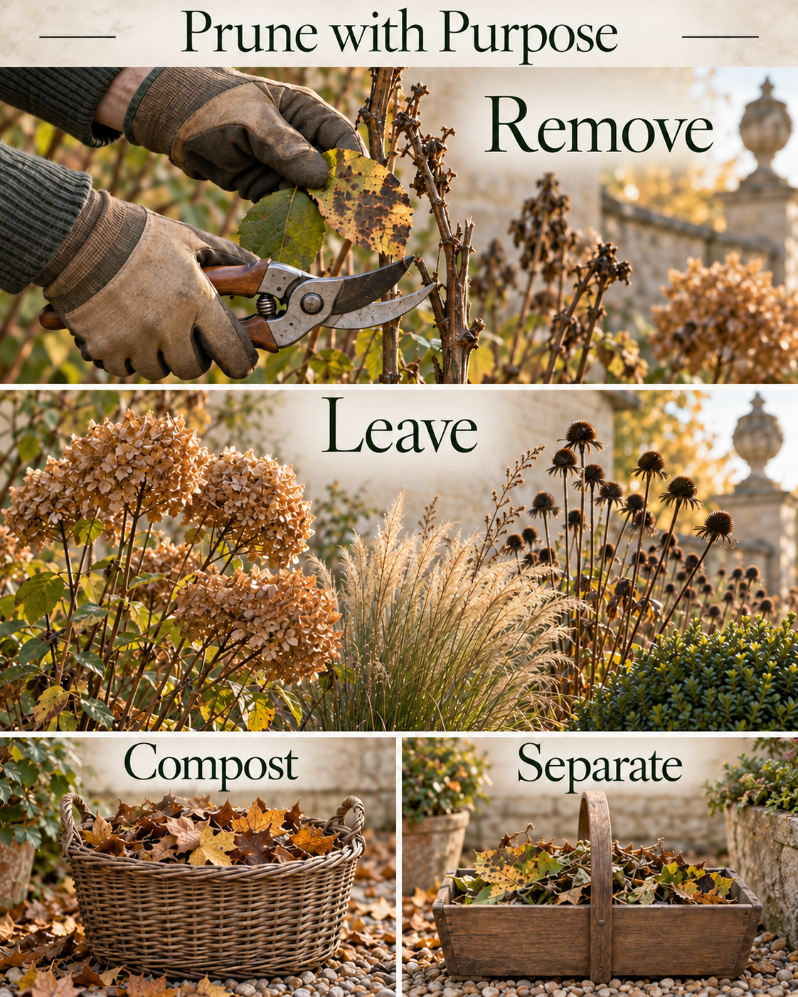 Prune with Purpose guide showing what to remove, leave, compost and separate