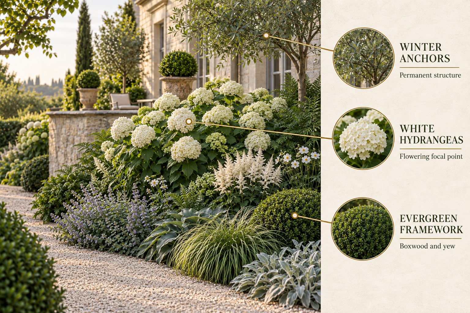 Layer one structure showing white hydrangeas, evergreen framework and permanent winter anchors