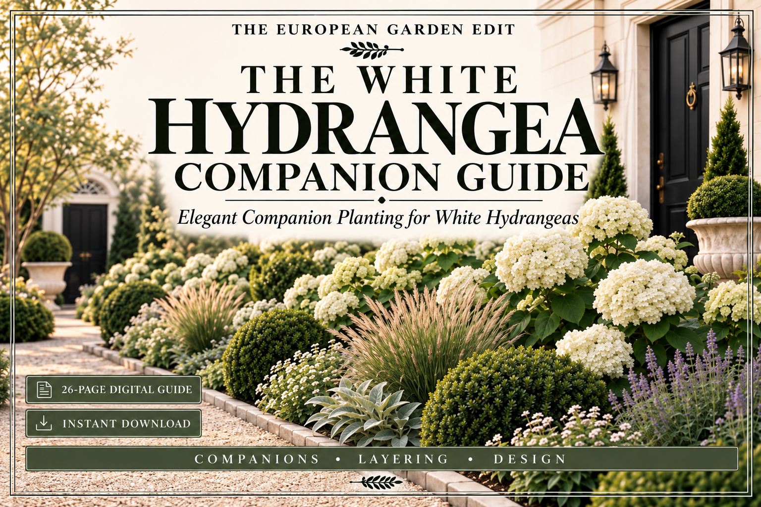 The White Hydrangea Companion Guide cover featuring an elegant layered white hydrangea garden