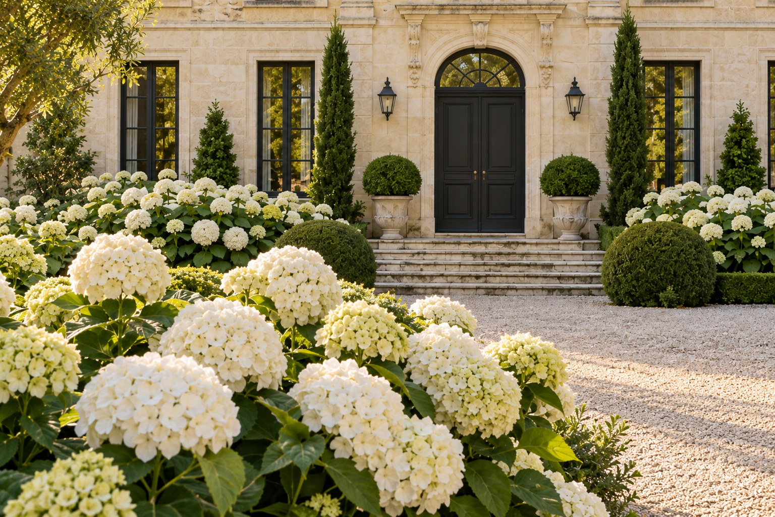 Full rounded white hydrangeas in warm morning light before a limestone European estate