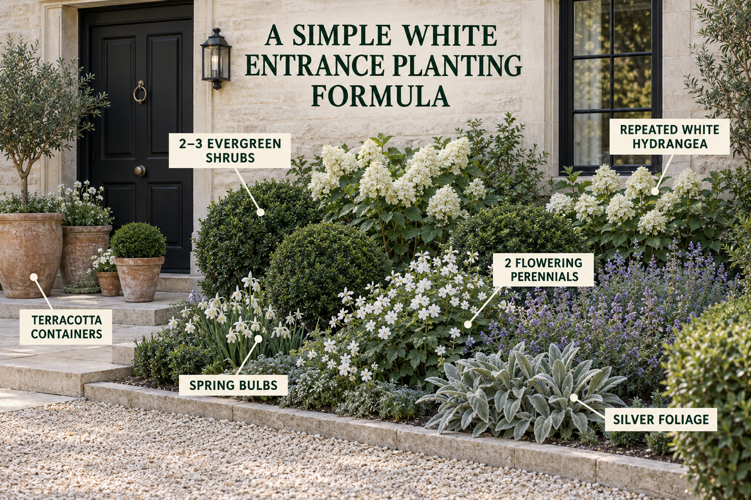 A simple white entrance planting formula showing evergreen shrubs, repeated white hydrangeas, flowering perennials, silver foliage, spring bulbs and terracotta containers