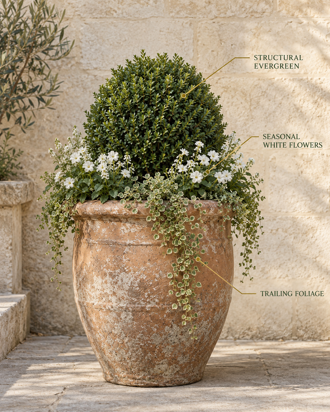 Explanatory container planting with evergreen structure, white flowers and trailing foliage