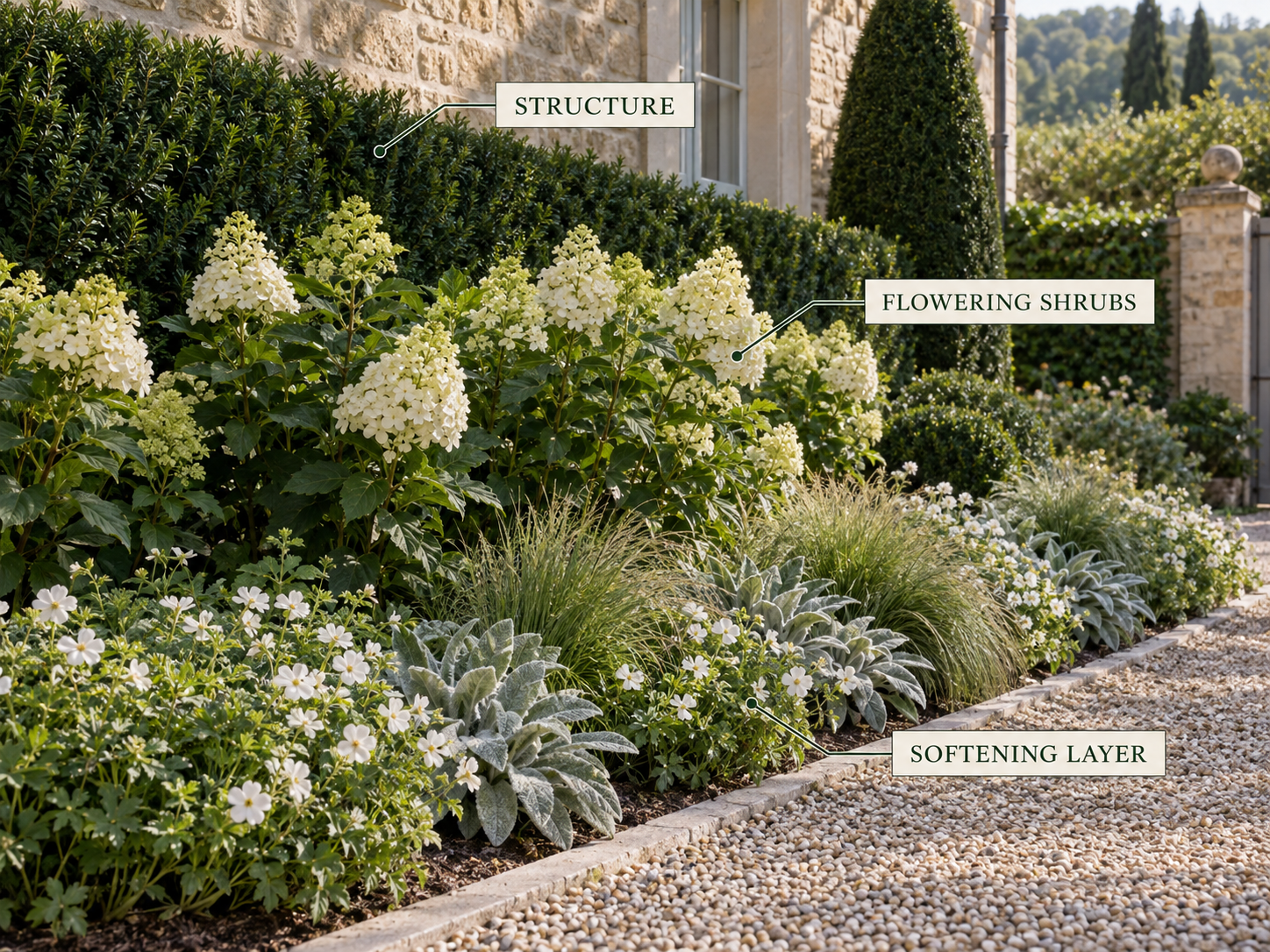 Explanatory garden image showing structure, flowering shrubs and a softening layer