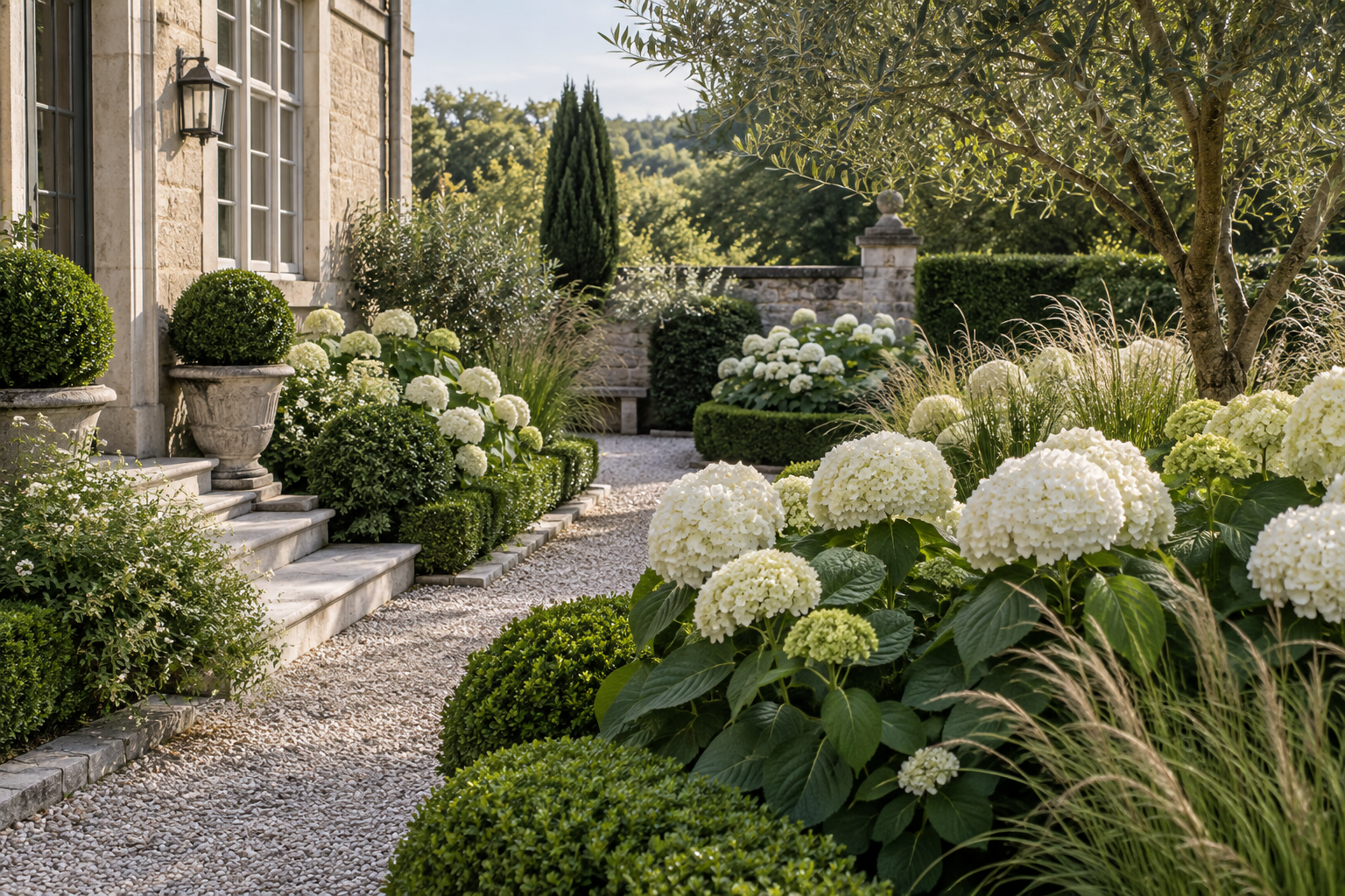 Timeless white hydrangea garden layered with clipped evergreen structure, ornamental grasses, limestone and gravel