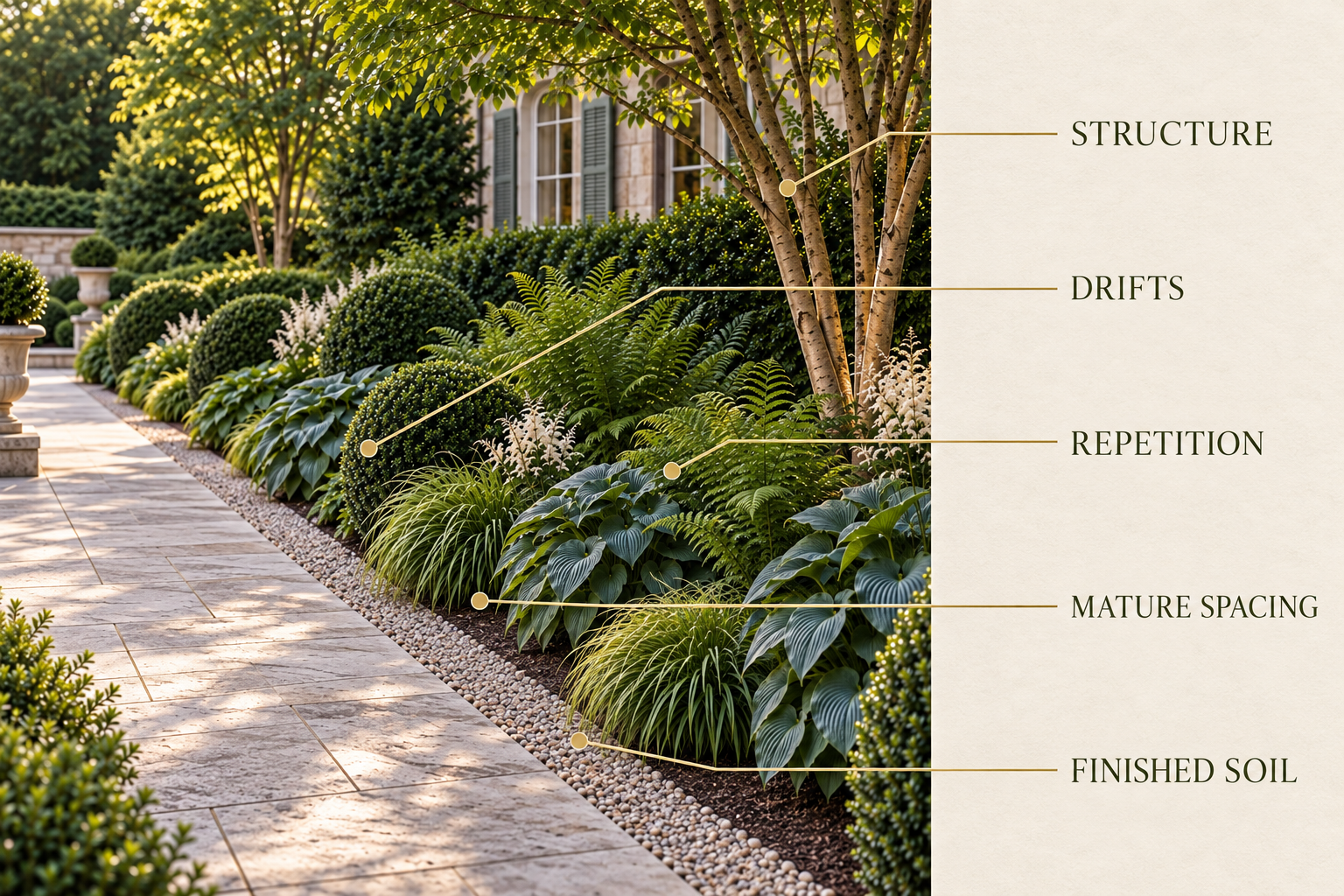 How to compose a shade border using structure, drifts, repetition, mature spacing and finished soil