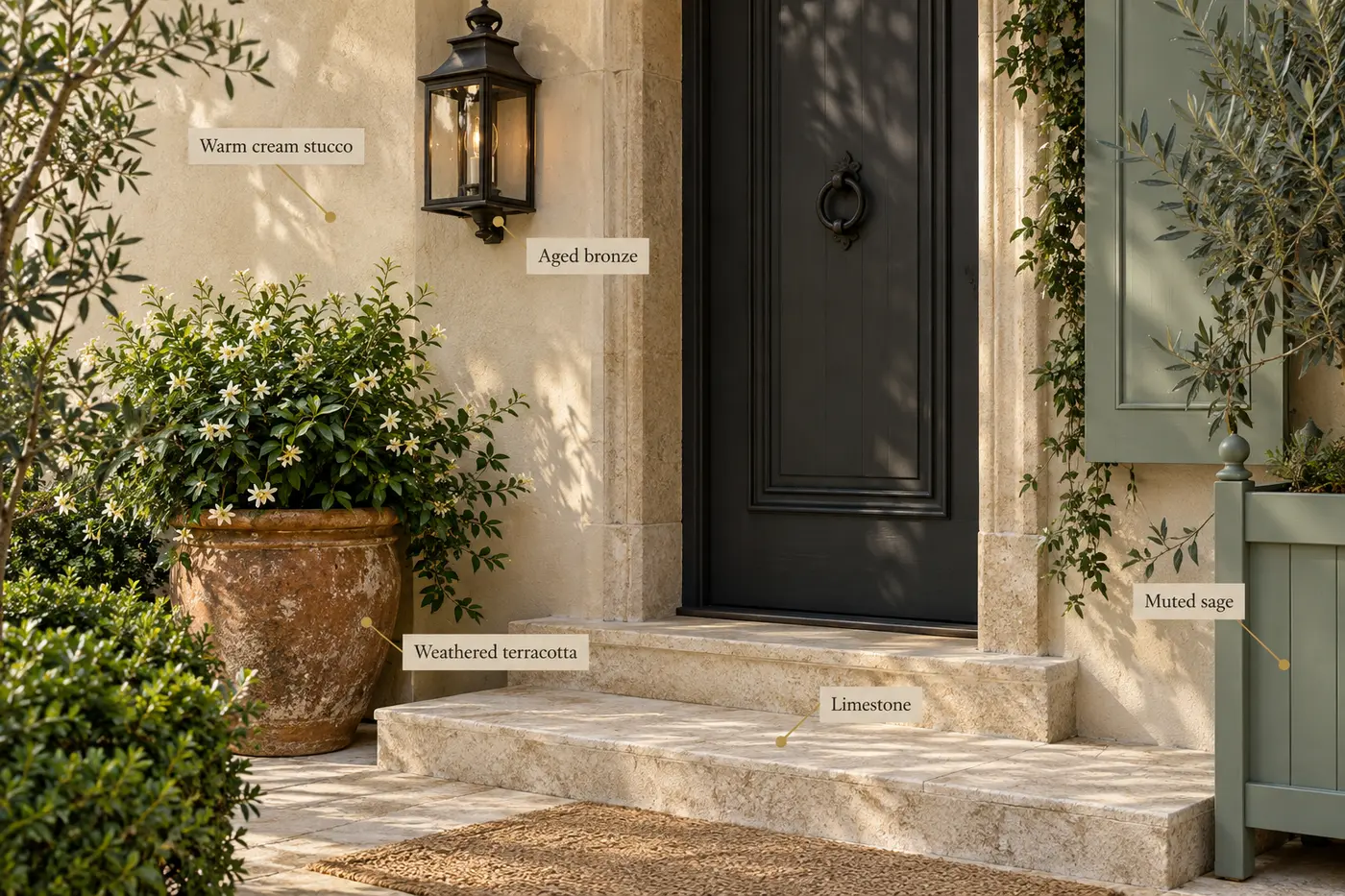 Warm Mediterranean exterior palette of cream stucco, black and bronze details, sage, terracotta and limestone
