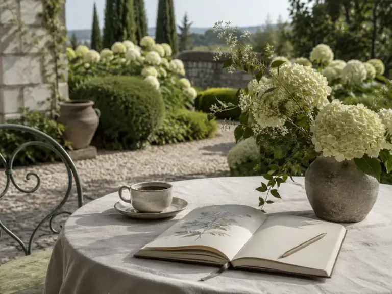 Refined seasonal garden still life with flowers and natural linen