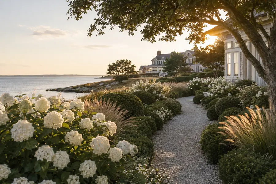 A timeless coastal garden with white hydrangeas, clipped evergreens and a gravel path