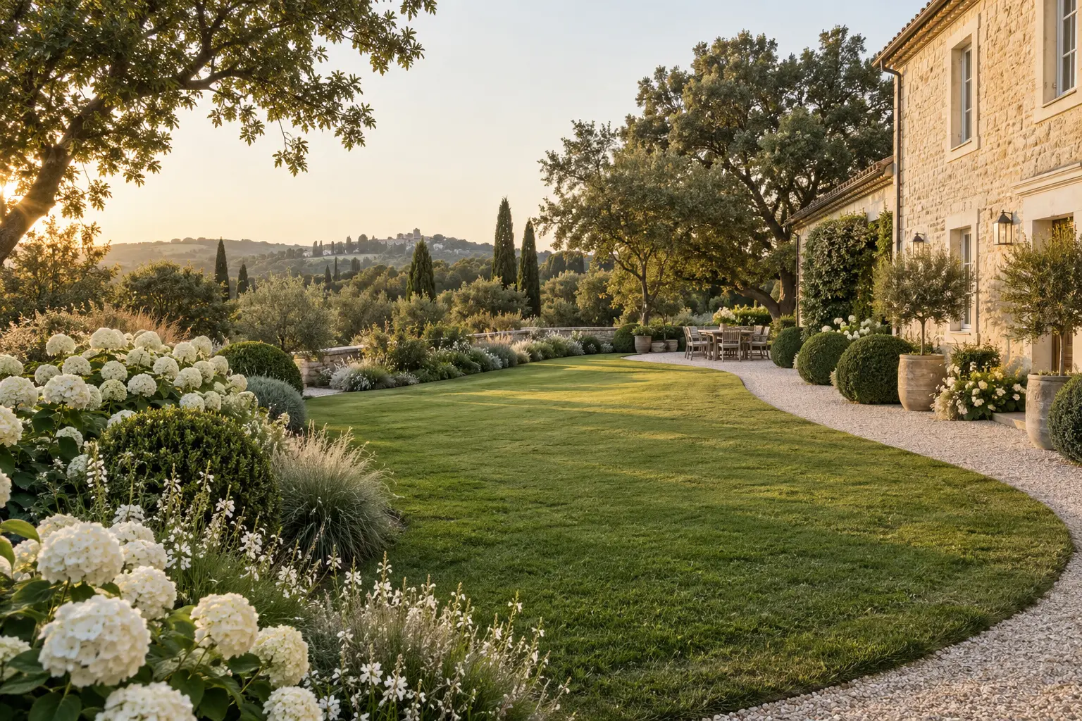 Finished European garden at golden hour with a broad curved lawn, crisp edge, white hydrangeas, clipped evergreens and limestone architecture