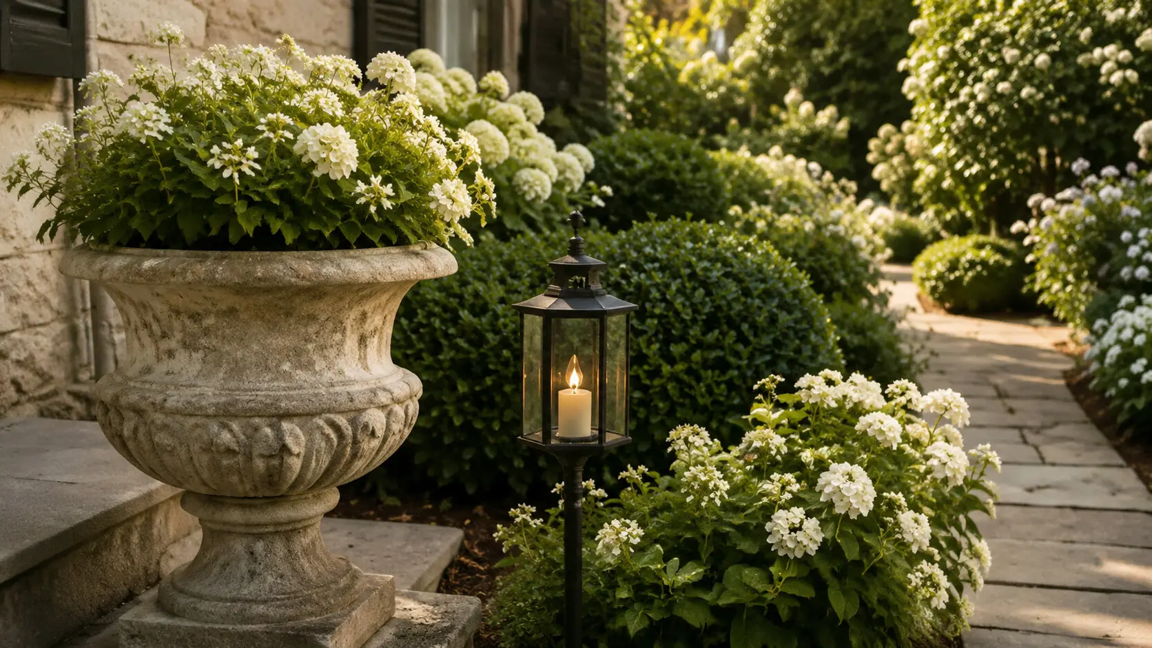 Weathered stone urn, garden lantern and white flowers beside a path