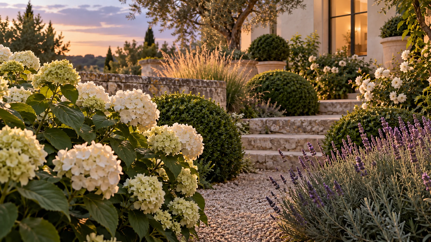 White hydrangeas, white shrub roses, lavender, clipped boxwood and ornamental grasses beside limestone steps and a modern house at dusk