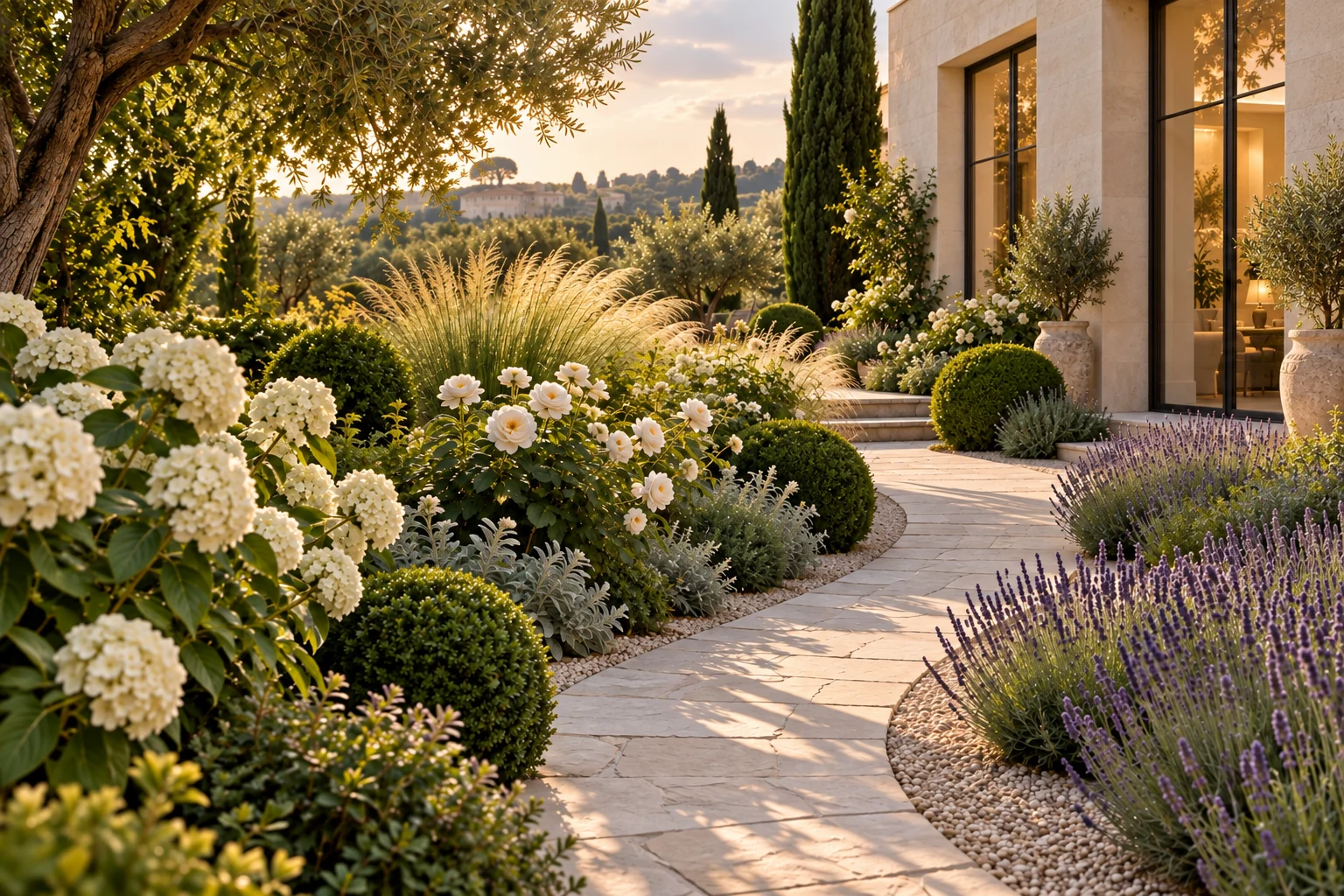 European garden with white hydrangeas, white shrub roses, lavender, clipped boxwood and ornamental grasses beside a limestone path and modern house