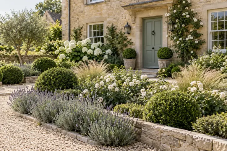 European-inspired front garden with white hydrangeas, lavender, clipped evergreens, white shrub roses and ornamental grasses.
