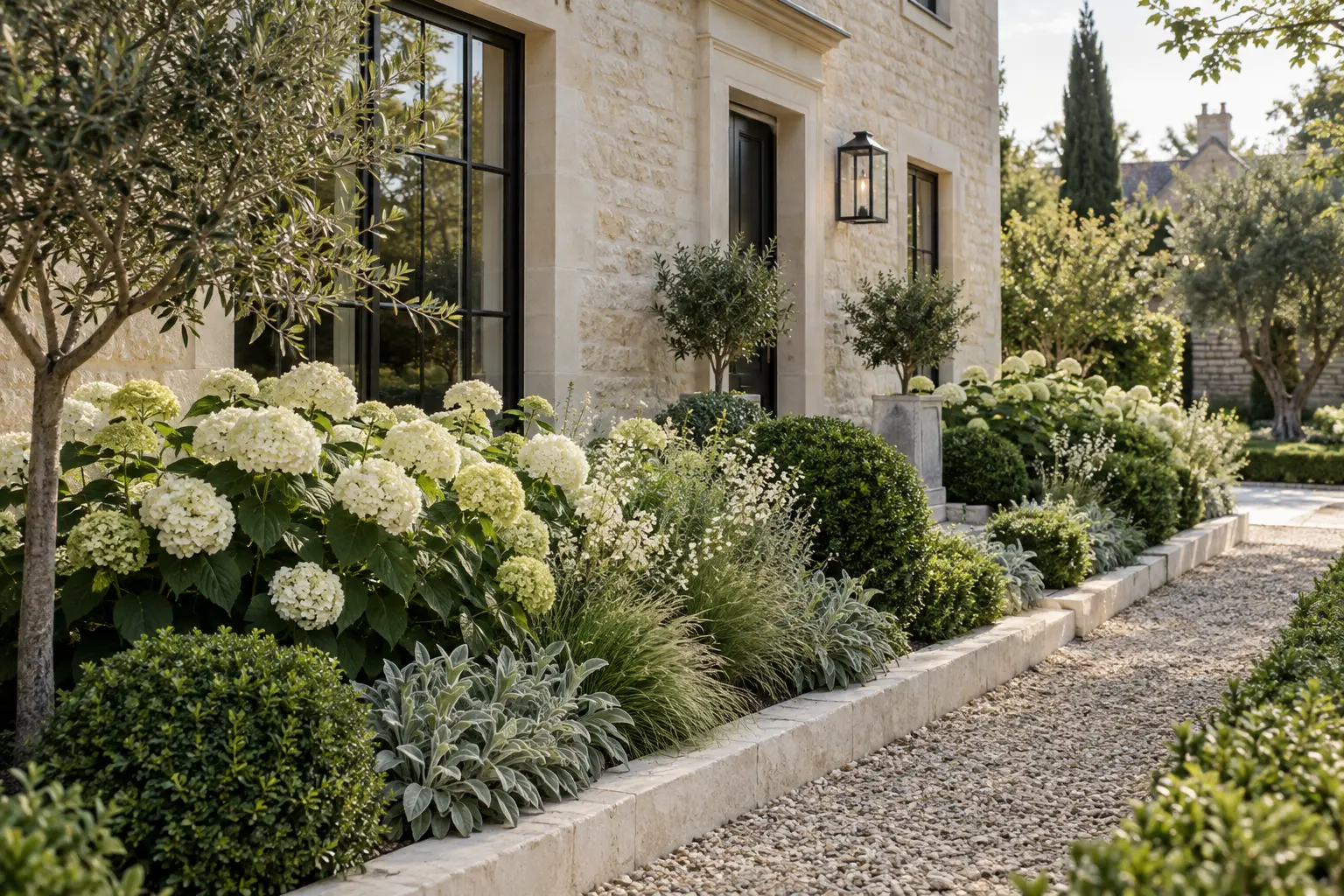 Elegant European front garden with a pale limestone edge, white hydrangeas, clipped evergreens and a gravel path beside a cream stone house