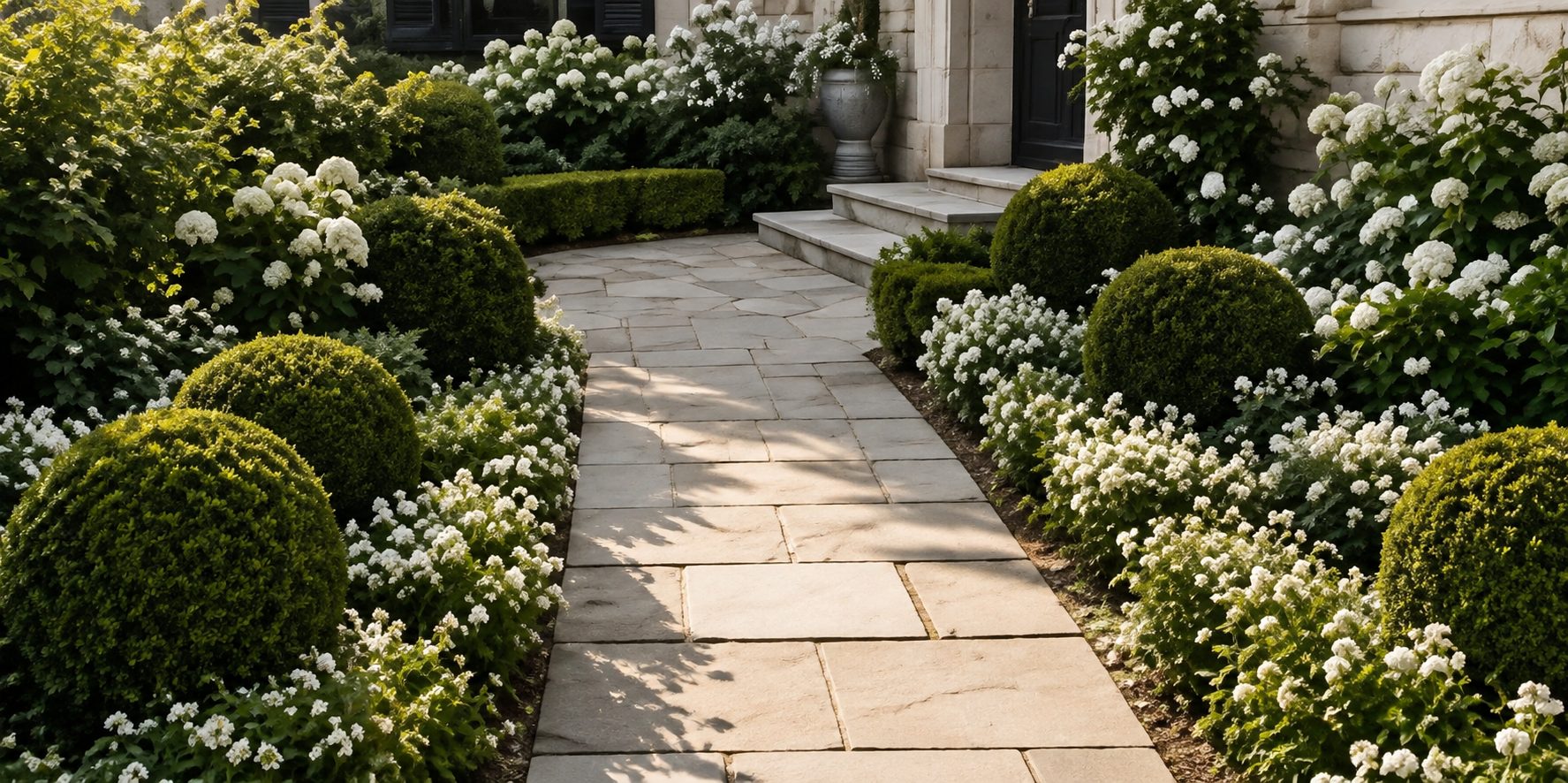 Limestone garden path framed by white flowers and clipped evergreen forms