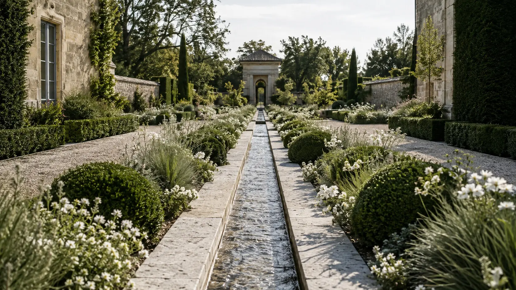 Narrow stone rill running through a long European garden