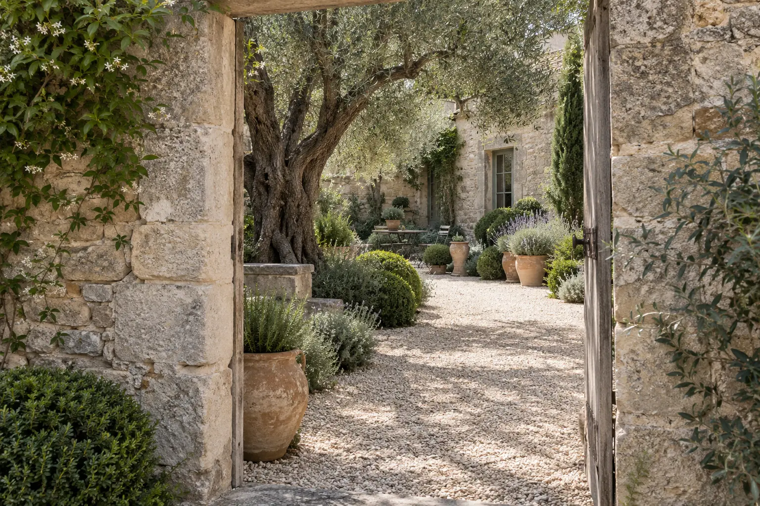 A concealed Provençal courtyard garden viewed through a weathered limestone doorway, with pale gravel, a mature olive tree, clipped evergreens, terracotta pots, rosemary and lavender.