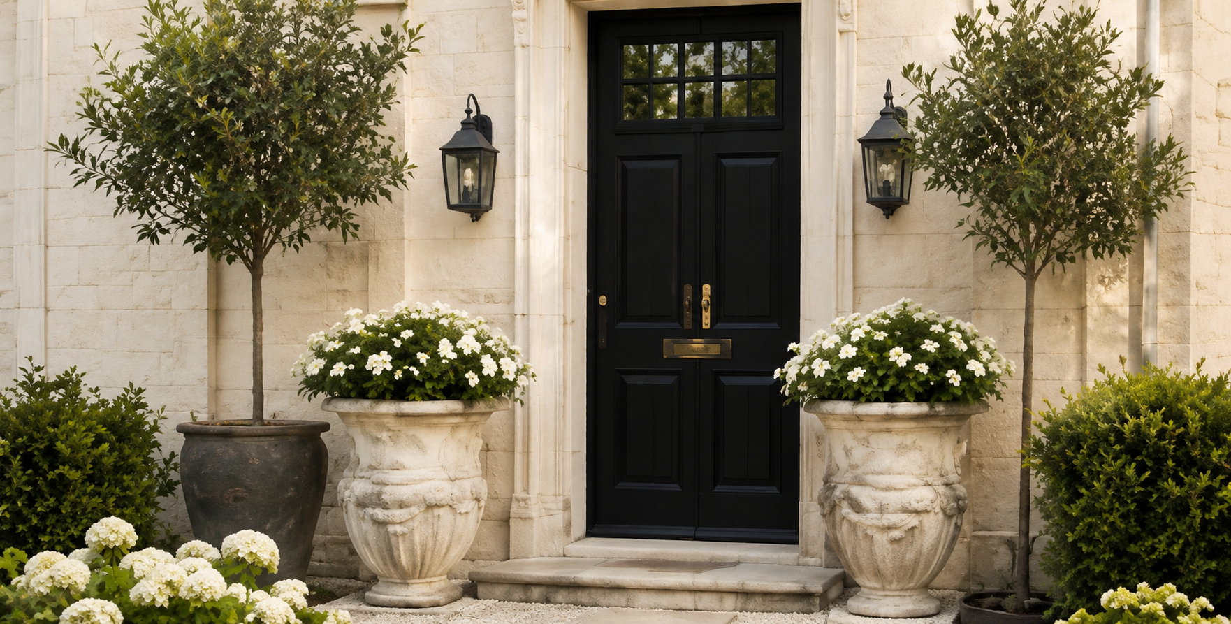 Black front door framed by olive trees, limestone urns and white flowers