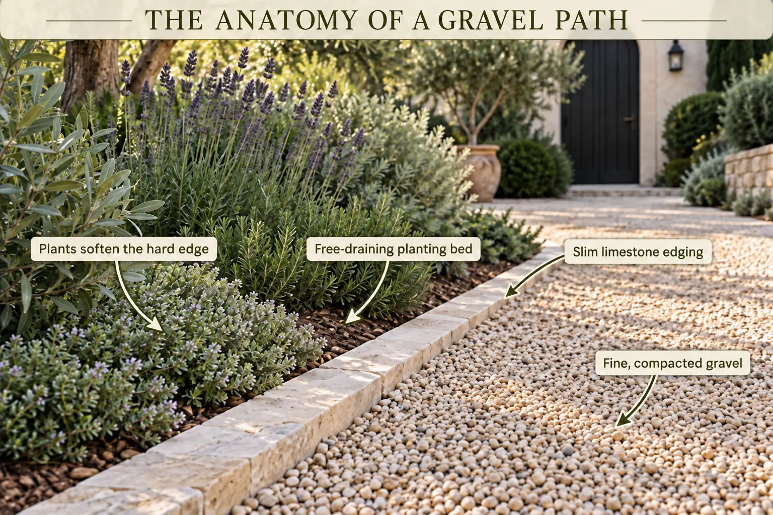 Annotated Mediterranean gravel path showing compacted gravel, limestone edging, drainage and softened planting