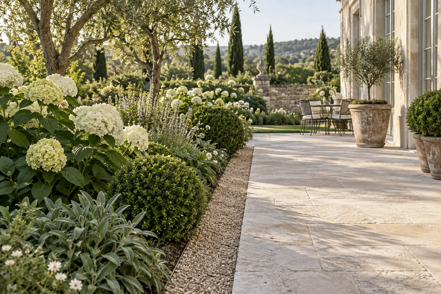 Narrow band of warm buff gravel separating a planted border of white hydrangeas and boxwood from a limestone terrace