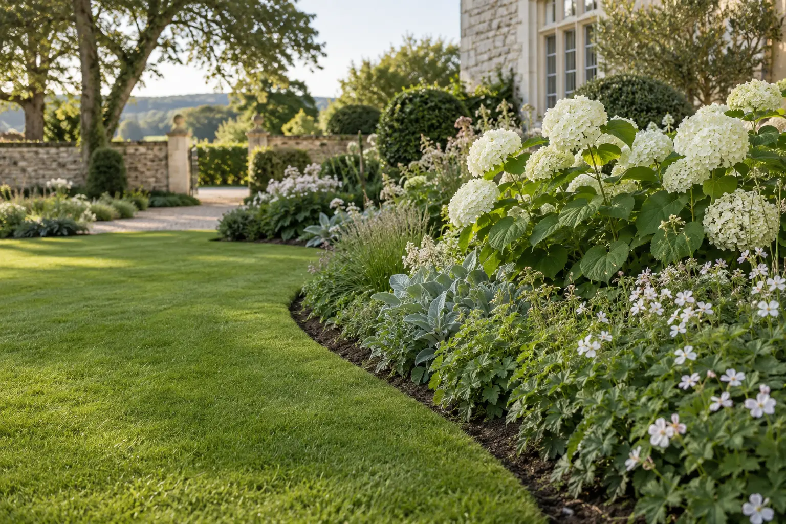 Traditional hand-cut curved lawn edge separating green turf from a layered border of white hydrangeas and soft foliage