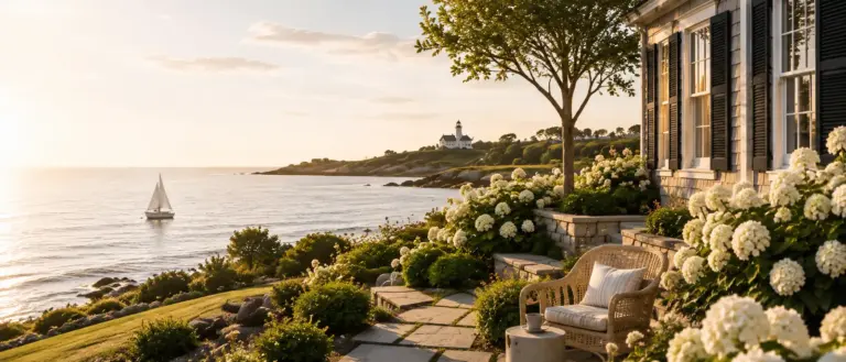 A timeless European garden with white hydrangeas and limestone architecture