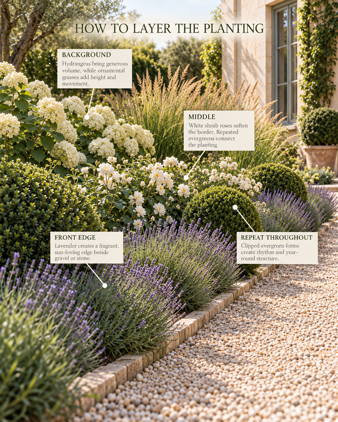 Layered European garden planting diagram showing hydrangeas and ornamental grasses at the back, white shrub roses and clipped evergreens in the middle, lavender along the front edge, and repeated evergreens throughout.
