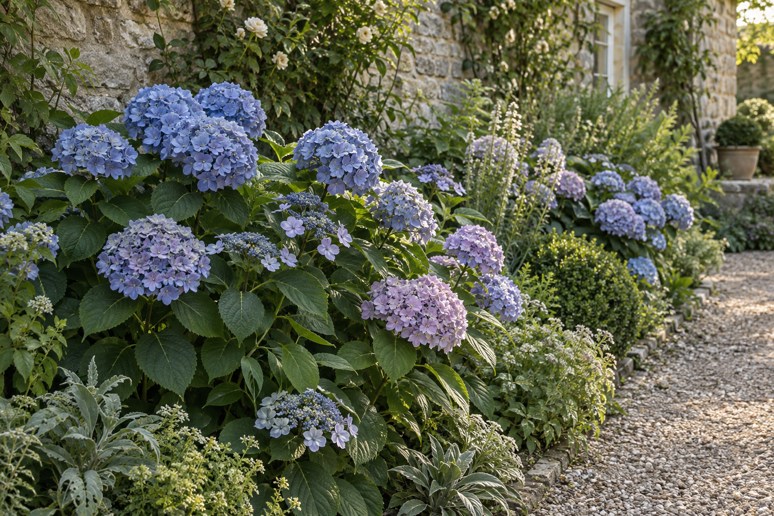 Blue and lavender bigleaf hydrangeas in a European cottage garden border