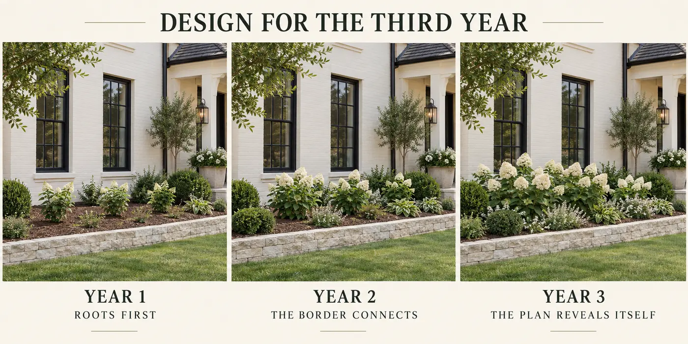 The same white hydrangea border shown filling out gradually during years one, two and three