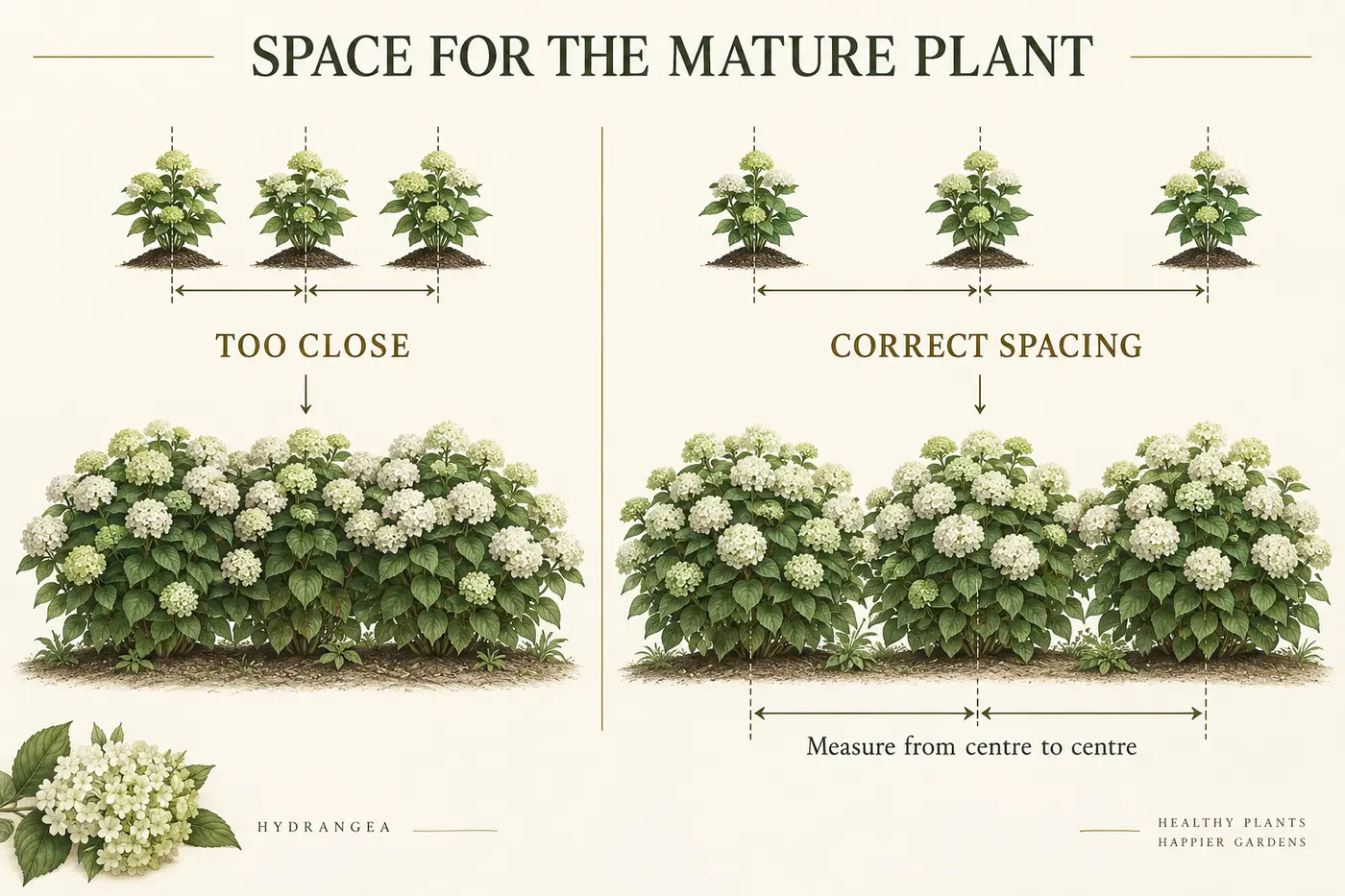 Diagram comparing overcrowded hydrangeas with correctly spaced mature shrubs measured from centre to centre