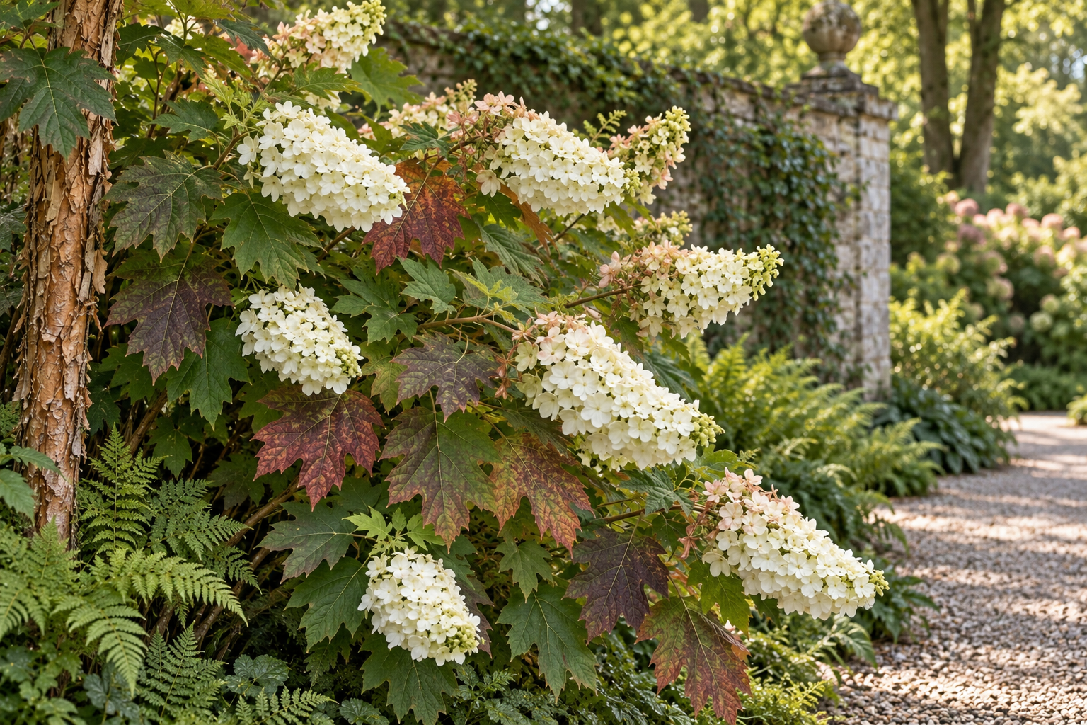 Oakleaf hydrangea with white panicles, autumn foliage and textured bark