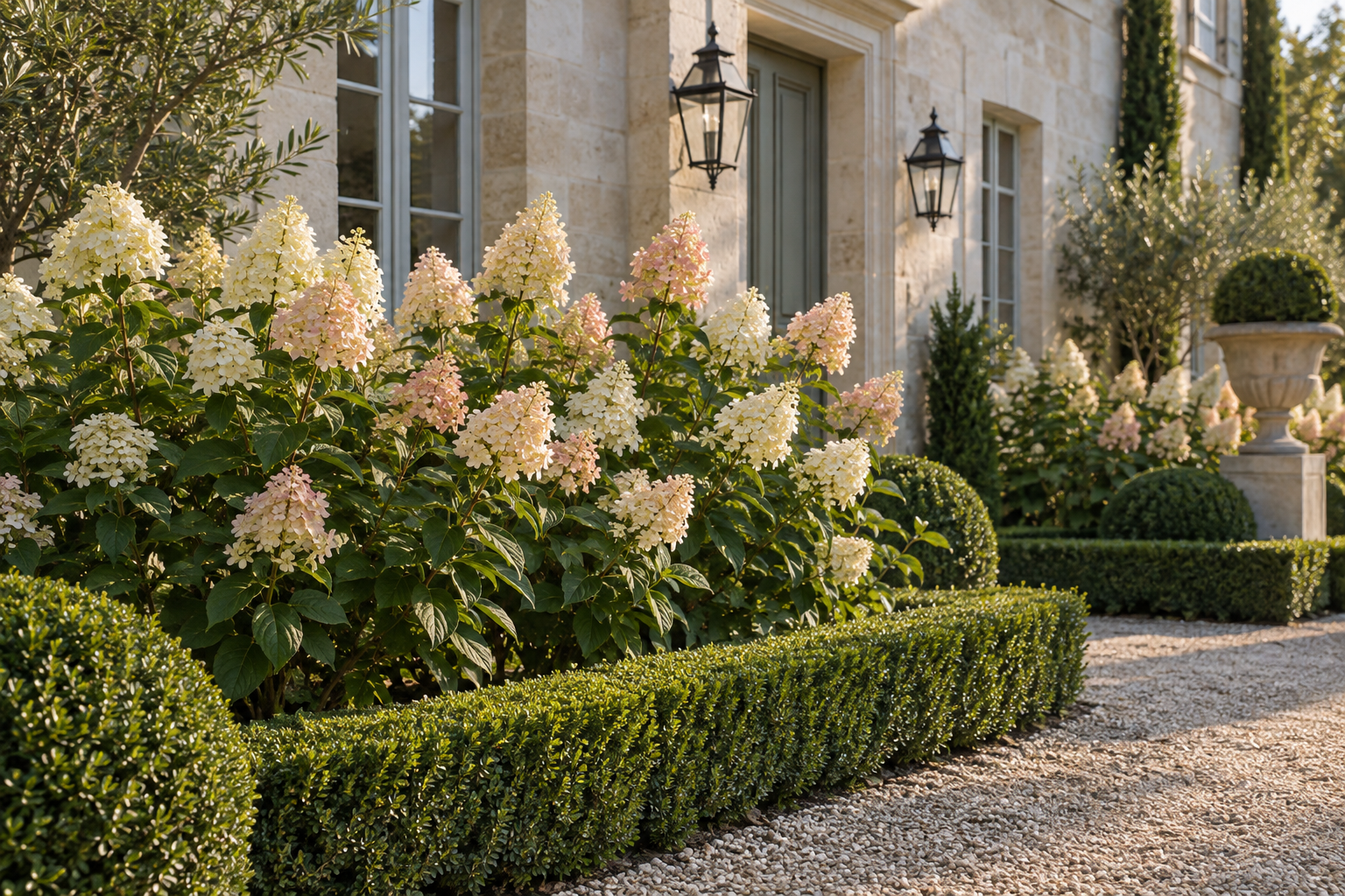 Cream and blush panicle hydrangeas in a structured European front garden