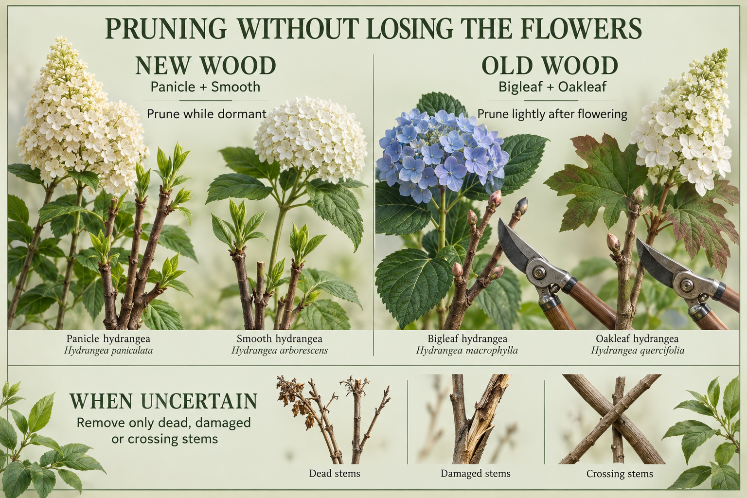 Hydrangea pruning guide comparing new-wood panicle and smooth hydrangeas with old-wood bigleaf and oakleaf hydrangeas