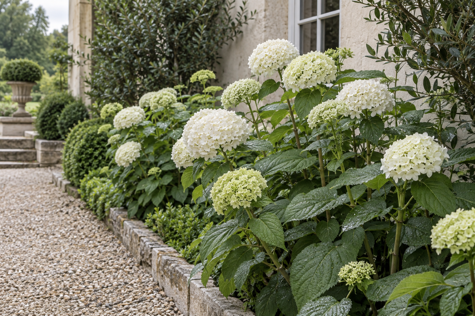 White and pale green smooth hydrangeas beside a gravel garden path