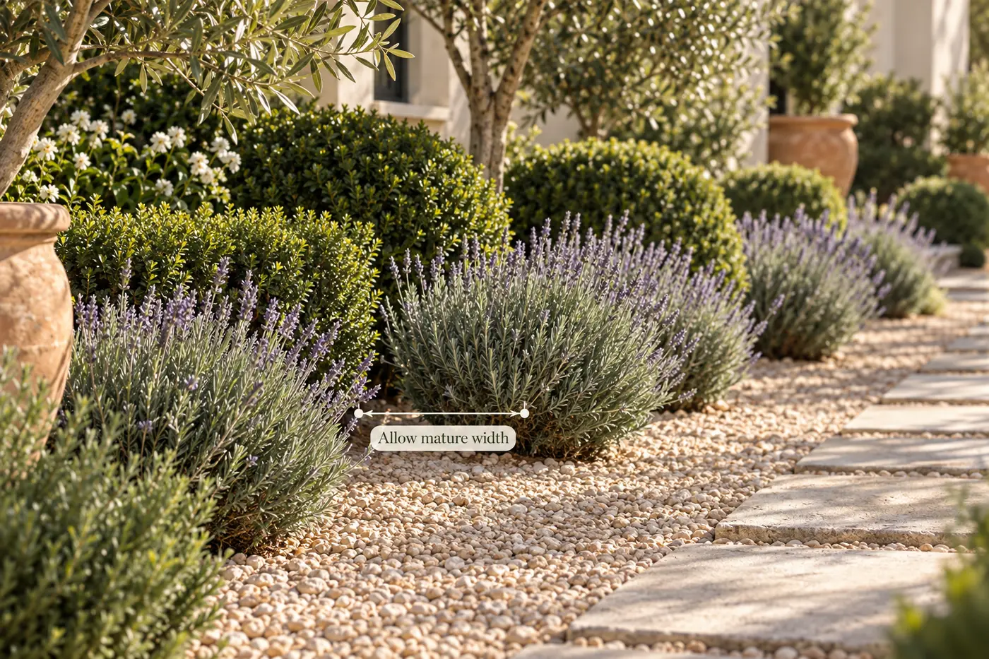 Explanatory garden image showing appropriate mature spacing for lavender beside a gravel path