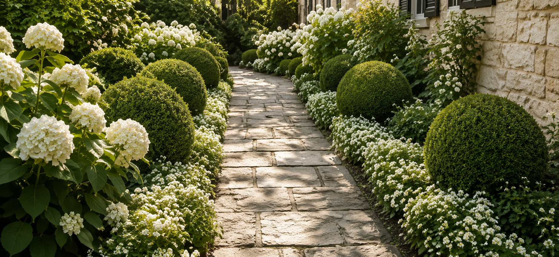 Layered white flowering border beside a stone front walkway
