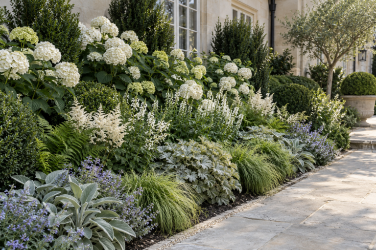 White hydrangea border with layered planting