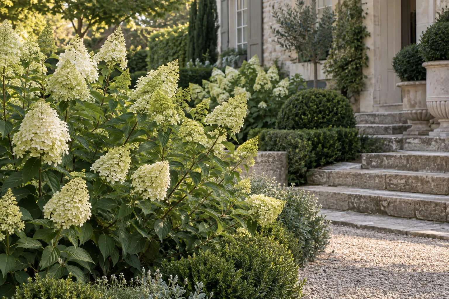 Limelight hydrangeas with natural cream and pale-green panicles beside weathered limestone steps