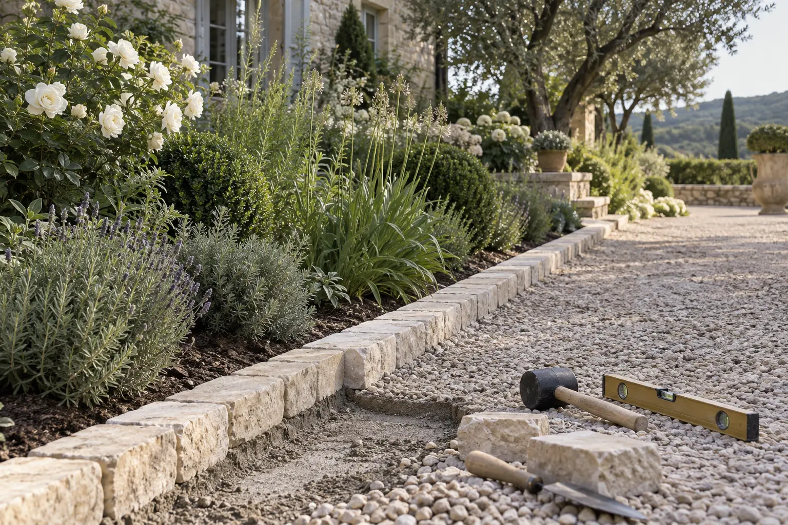 Limestone garden edging installation showing compacted gravel, a bedding layer, level and rubber mallet